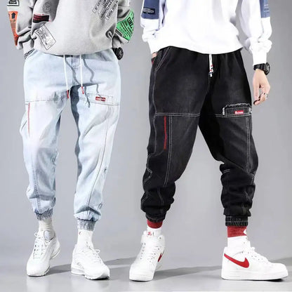 Trendy Joggers Men Cargo Pants with Light Denim Cargo Pocket HIP HOP Black Loose Haren Cropped Jeans Pants for Men S-4XL 5XL