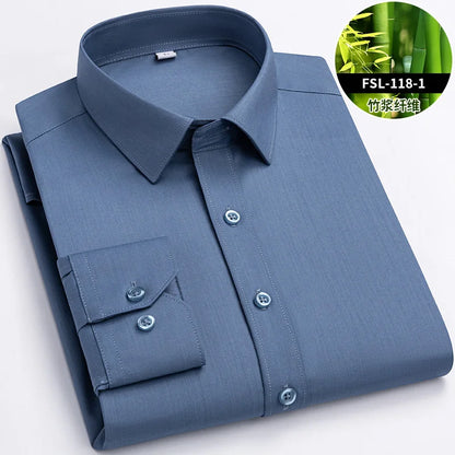 Quality Stretch Men Shirt Bamboo Fiber Long Sleeve Anti-wrinkle Non-ironing Slim Fashion Casual Business Office White Shirt