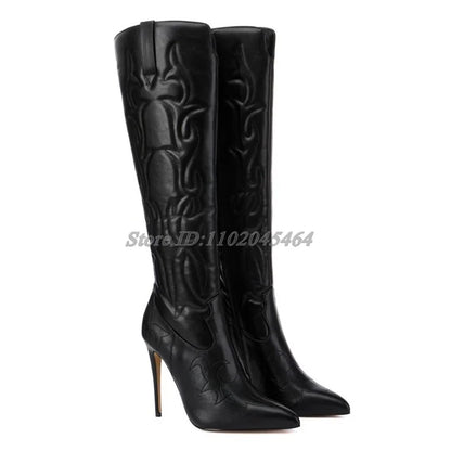 White/Black Embroidery Sexy Knee High Boots Women's Patent Leather Pointed Toe High Heels Zip Long Boot Luxury Designer Shoes