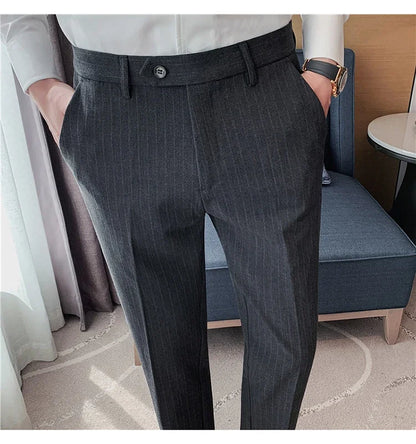 Men Boutique Black Striped Suits Pants Male Formal Wear Wedding Dress Trousers Quality British Style Business Casual Suit Pants