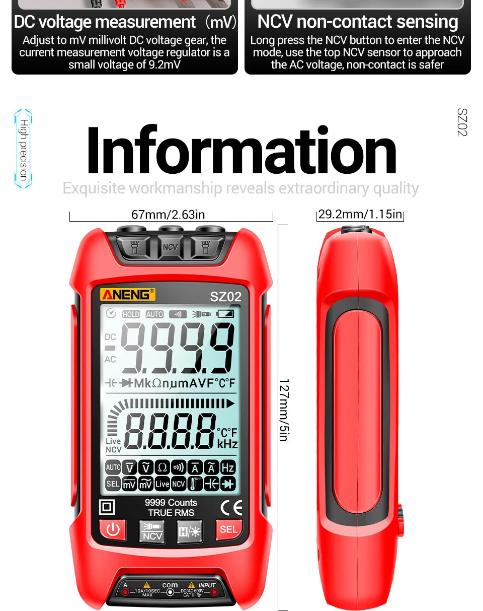 ANENG SZ02 Smart Digital Multimeter 6000 Counts True RMS Auto Electrical Capacitance Meter Temp Resistance Transistor Testers