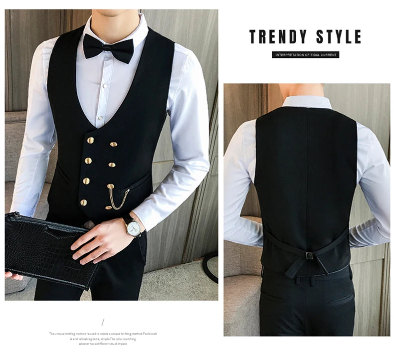 2025 Latest Style Double Breasted Men Suit Vest Gold Button Slim Fit Formal Groom Wedding Vest Streetwear Sleeveless Vest Jacket