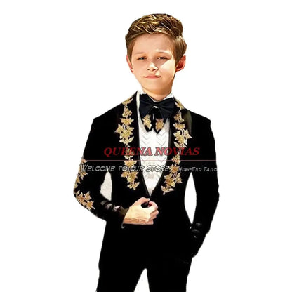 Kids Wedding Suits For Boys Gold Appliques Lapel Velvet Blazer Tailor-Made 2 Pieces Jacket Pants Children Formal Party Dress