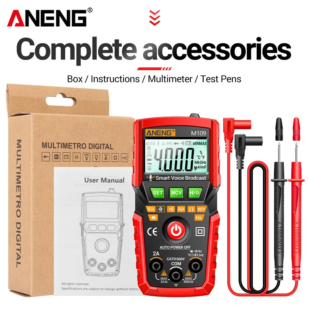 ANENG M109 Digital Multimeter Smart AC Voltage Meter 4000 Count Voice BroadcastTest/NCV/Capacitance/Resistance/Ohm Tester Tools