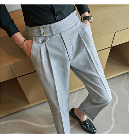 British Style Pants Men High Waist Belt Design Casual Slim Formal Office Dress Pant Men Social Wedding Party Dress Suit Trousers