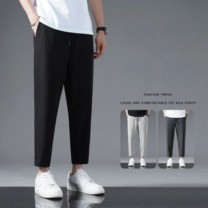 125KG Big Size Summer Ice Silk Crop Pants Men's Elastic Casual Edition Trendy Loose and Quick Drying Sports Large Crop Pants