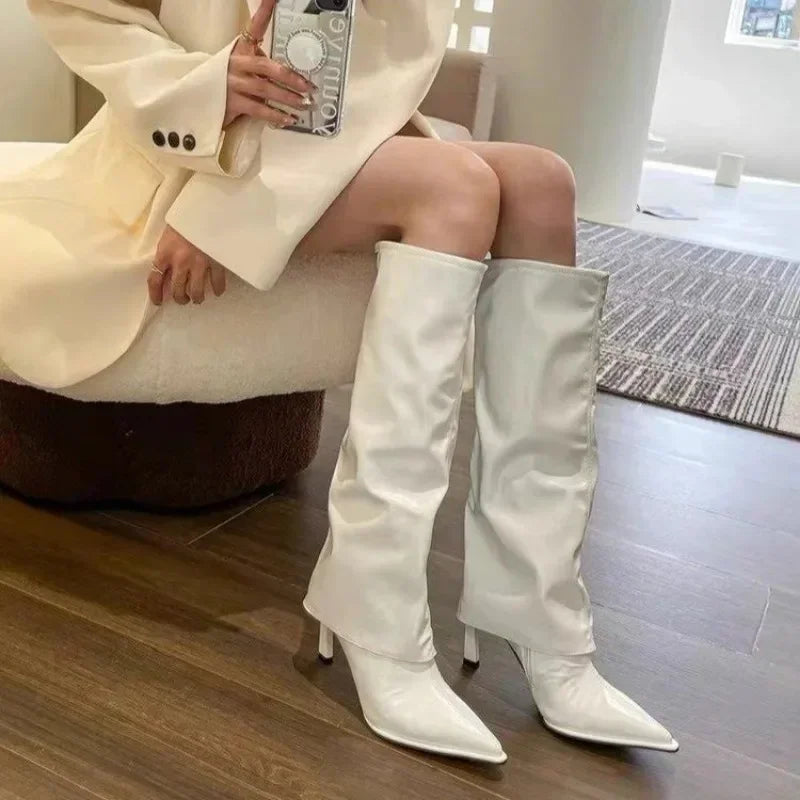 Women's Winter Knight Boots 2024 Trendy Sexy Pointed High Heels New Womens Long White Stiletto Western Cowboy Boots Botas Mujer