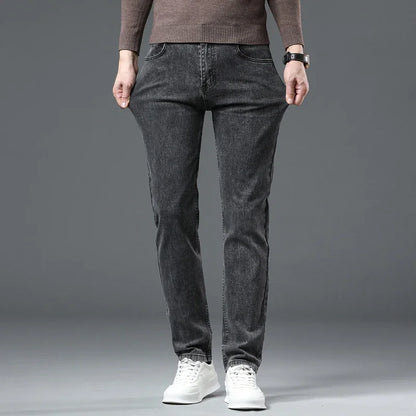 New Men's Stretch Grey Jeans Classic Slim Business Fashion Black Elasticity Denim Pants Male Brand Casual Trousers