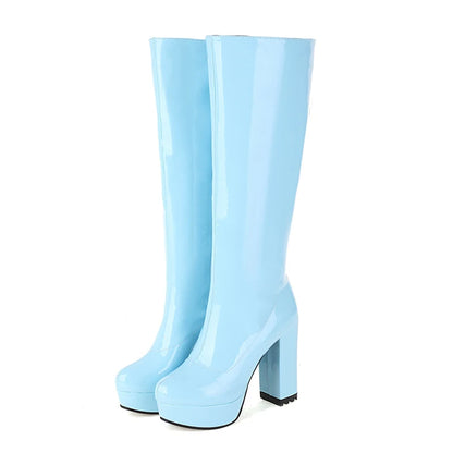 Platform Knee High Boots Women Sexy Patent Leather Women's High Boot White Red Yellow Green Party Shoes Ladies Winter Large Size