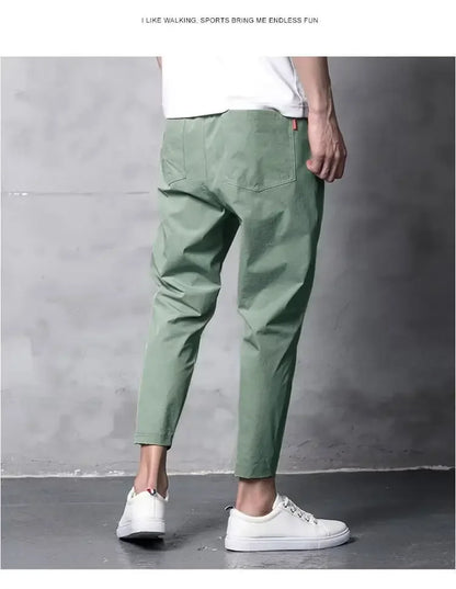 Summer Casual Men's Straight-leg Cropped Pants Ice Silk Elastic Small Foot Trendy Sports Korean Style Youth Pants