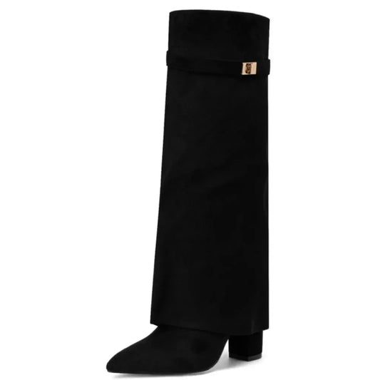 Autumn and Winter New Pointed Metal Buckle Knee High Women's Boots, Thick High-heeled Pants Boots, Fashionable Mid Leg Boots