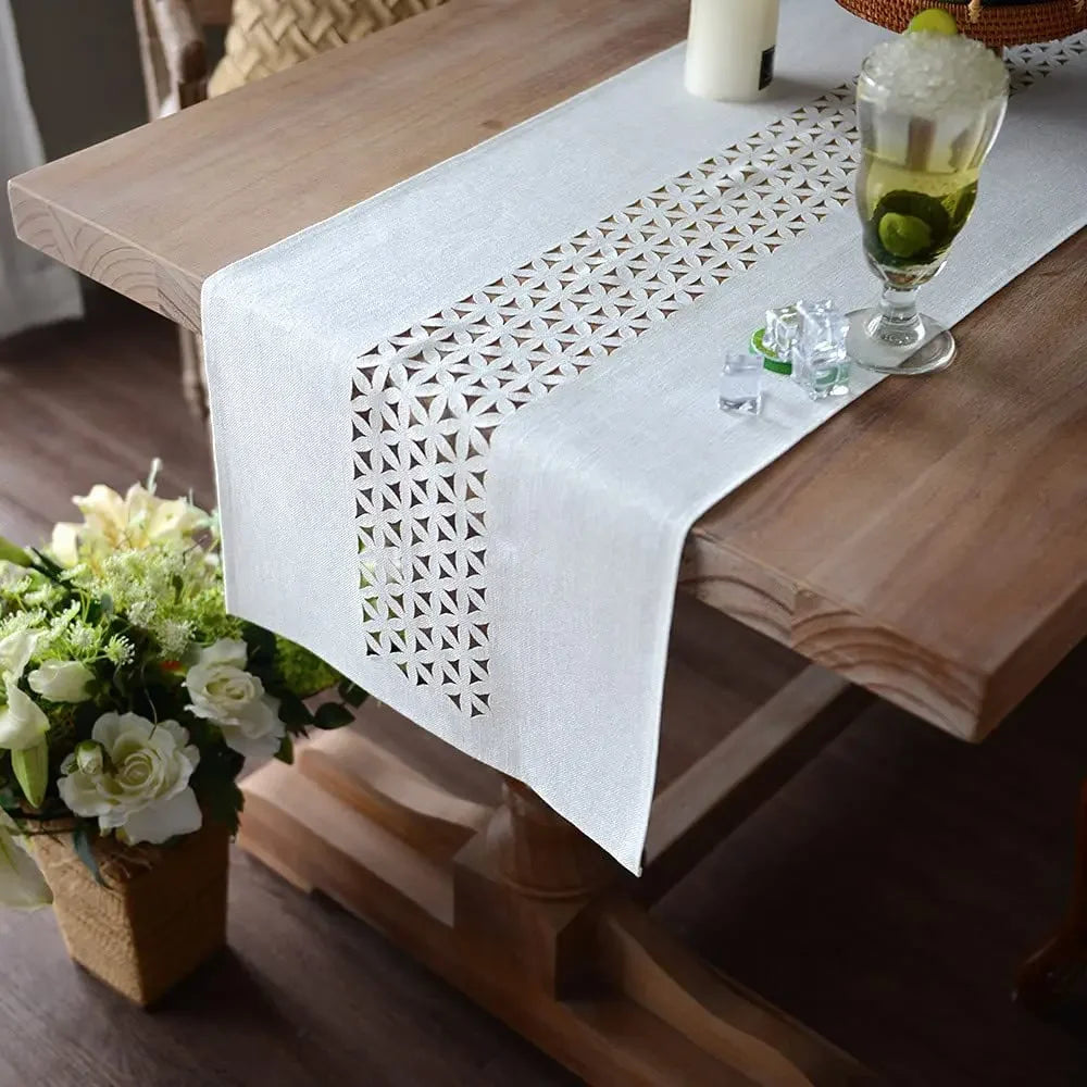 Gray Hollow Table Runner Rectangle Double Solid Fabric Farmhouse Flat Perforation Home Table Runners for Dining Holiday 13 x72In