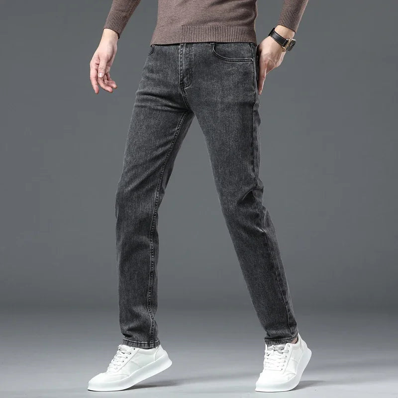 New Men's Stretch Grey Jeans Classic Slim Business Fashion Black Elasticity Denim Pants Male Brand Casual Trousers