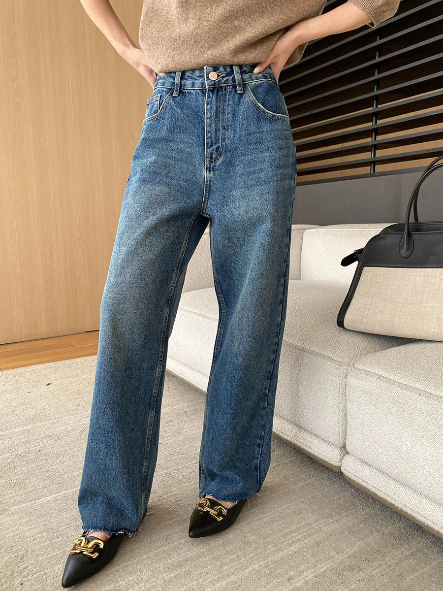 [LANMREM] Rough Edge Design Jeans Women High Waist Straight Wide Leg Denim Trousers Office Lady Clothing 2025 Autumn New 26C168