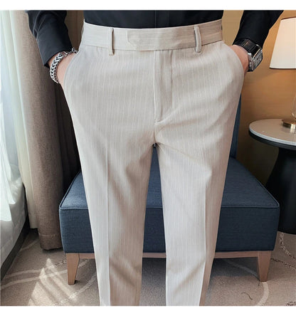 British Style Striped Slim Fit Suit Pant Men Business Casual Simple Dress Pants High Quality Social Wedding Party Trousers 38-28