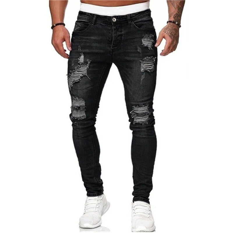 2024 New Street Style Ripped Skinny Jeans Men Vintage wash Solid Denim Trouser Mens Casual Slim fit Stretch pencil denim Pants