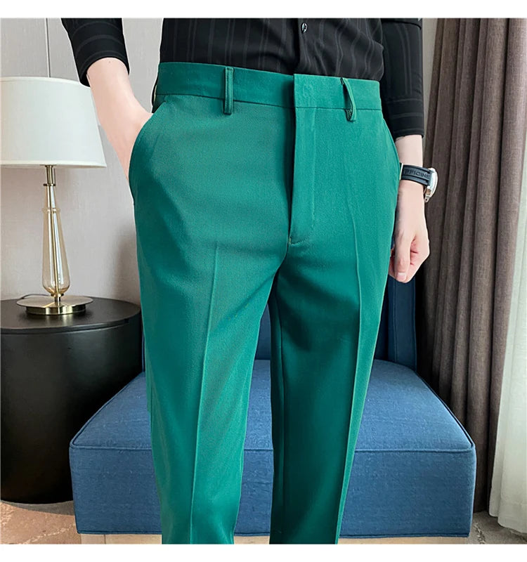 9 Color Summer Fashion Mens Suit Pants Pure Color Business Formal Pants Slim Fit Office Mens Wedding Social Ankle Long Trousers