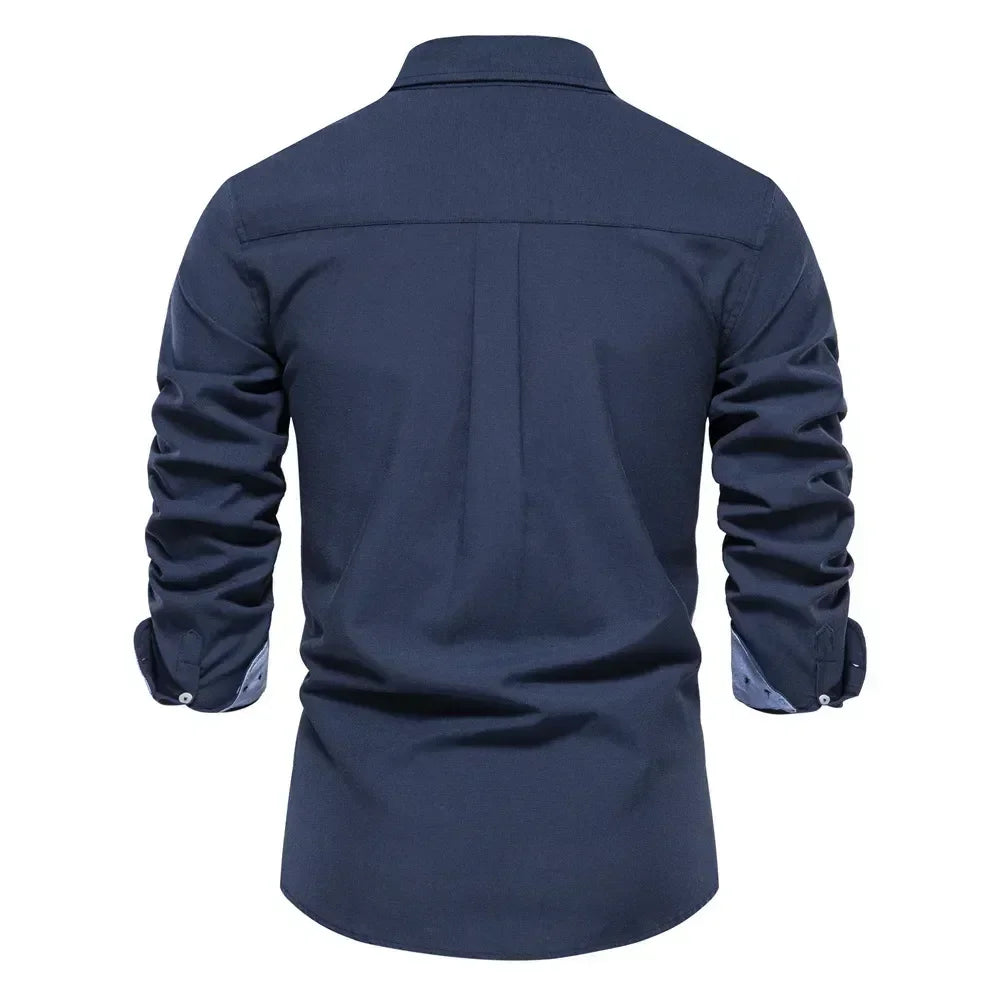 Embroidered New Spring and Autumn Pure Cotton Shirt Men's Solid Color High-quality Long Sleeved Shirt Men's Lapel Casual Top