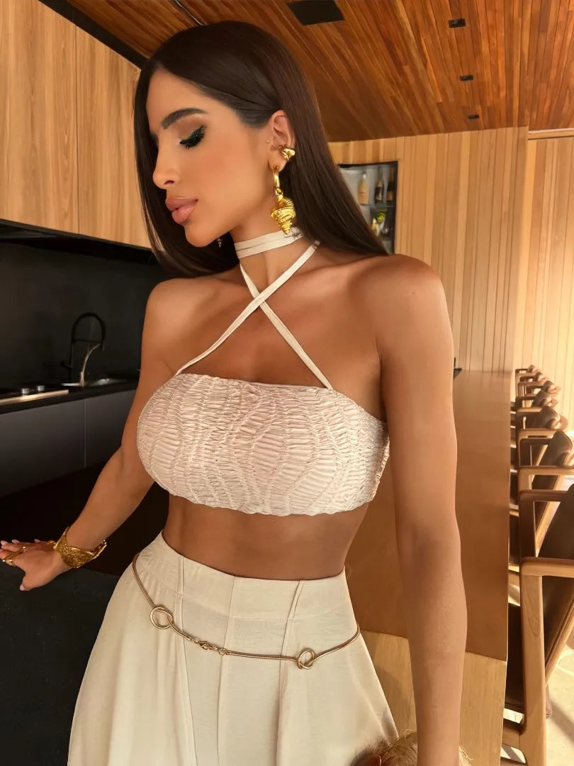 2025 New Sexy Tassel Two Piece Set With Pants Summer Women White Tube Top with Mesh Halter Pants Suit Female