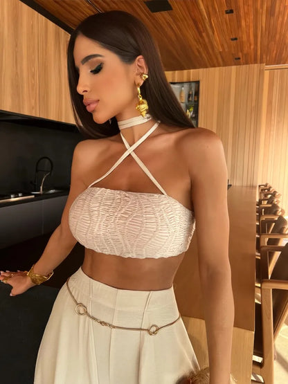 2025 New Sexy Tassel Two Piece Set With Pants Summer Women White Tube Top with Mesh Halter Pants Suit Female