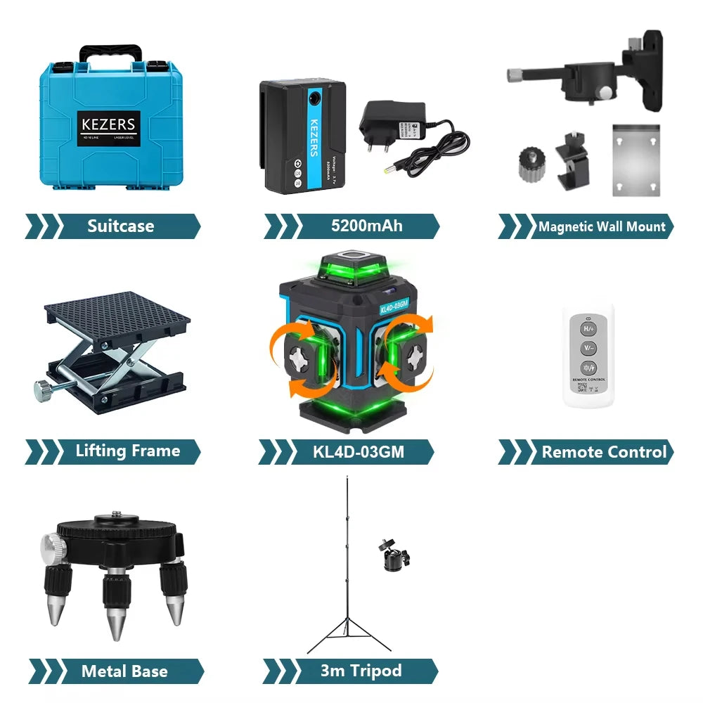 KEZERS Digital Green Laser Level 16 Lines 4D 360 KL4D-03GM 5200mAh Li-ion Battery лазерный уровень Metal Window/Base Suitcase