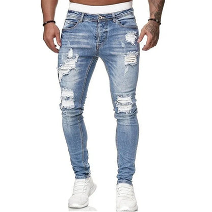 2024 New Street Style Ripped Skinny Jeans Men Vintage wash Solid Denim Trouser Mens Casual Slim fit Stretch pencil denim Pants