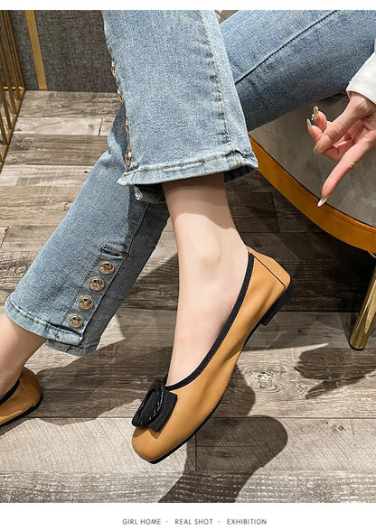 Plus size 43 44 Women Ballet Flats Leather Shoes Sweet bowknot Ladies softy sole round Toe Pumps Office Lady Big Size Loafers