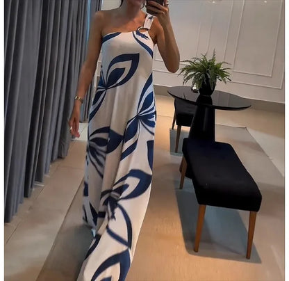 Summer Dress for Women 2024 New Slant Neck Fashion Printed Open Back Casual Dresses Sleeveless Long Skirt Female Streetwear