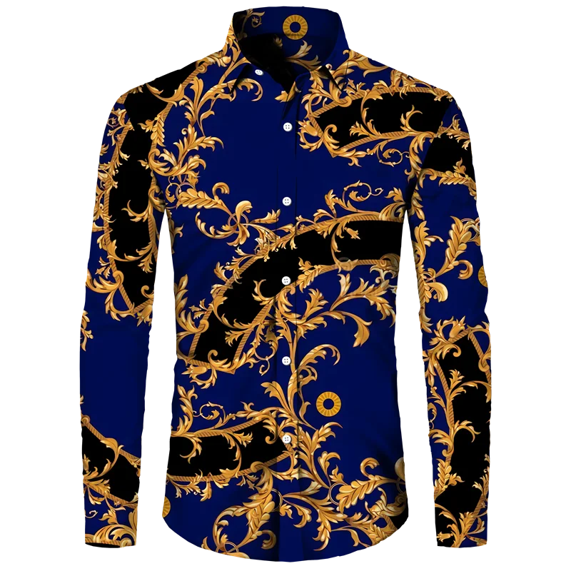 Golden Flower Pattern Print Men's Shirts Casual Single-Breasted Cardigan Long Sleeve Shirt Fashion Trend Tops Men Clothing