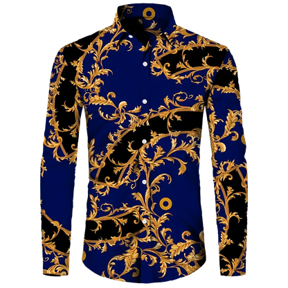 Golden Flower Pattern Print Men's Shirts Casual Single-Breasted Cardigan Long Sleeve Shirt Fashion Trend Tops Men Clothing