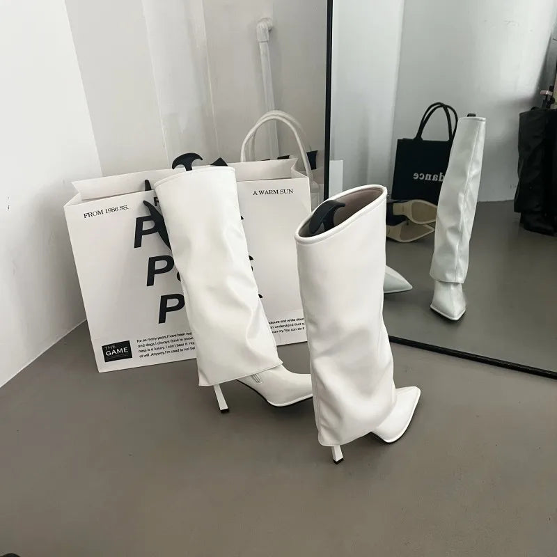 White Knee High Boots Women Pointed Toe Stiletto Long Boots Brown Designer High Heels Trousers Black Shoes Botines De Mujer