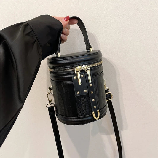 Womens PU Leather Cylinder Bag Shoulder Crossbody Round Bag Vintage Bucket Handbag with Double Metal Zipper Top Handle