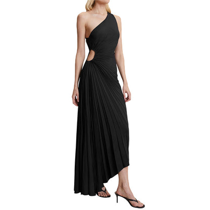 Women Elegant Long Dress Summer Sleeveless One-shoulder Pleated Hollowed Irregular Dress for Cocktail Party Beach Sundress Y2K