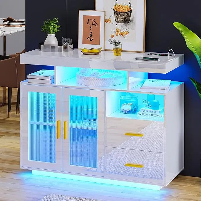 RGB LED Coffee Bar Cabinet with Auto Sensor Lights, High Gloss Sideboard Buffet Cabinet with USB/Type C/Wireless Charger