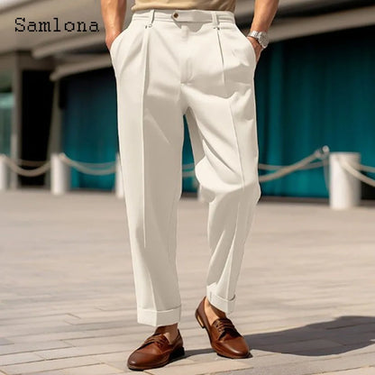 2024 Men's Stand Pocket Formal Wide Leg Pants Men Elegant Party Wedding Trouser Plus Size Mens Fashion Triple Buttons Suit Pants