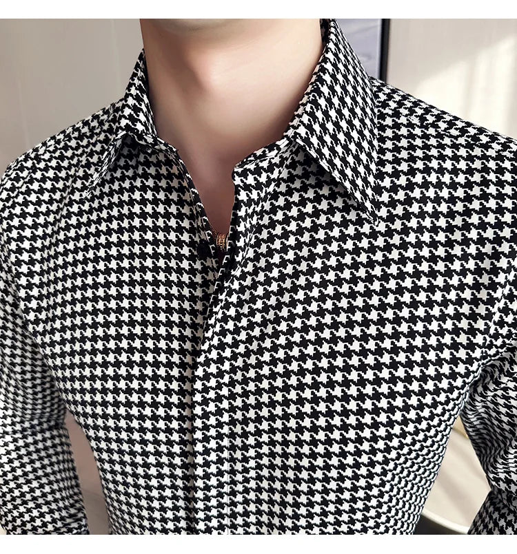 High Quality Vintage Houndstooth Long Sleeve Social Shirts For Men Clothing 2024 Business Slim Fit Casual Prom Tuxedo Non-Iron