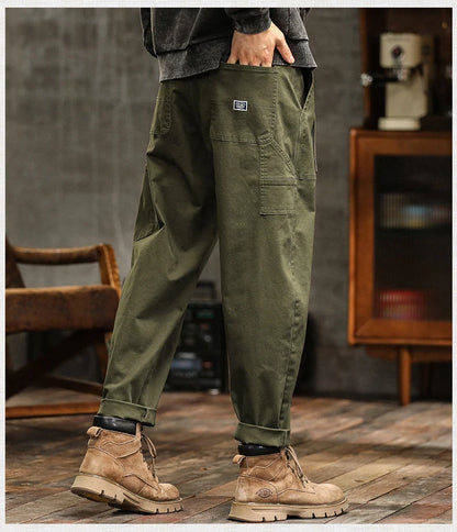 HIQOR Mens Clothing Spring Autumn Cargo Pants Man Cotton Casual Loose Trouser Belt Mid Waist Joggers Male Straight Baggy Pants