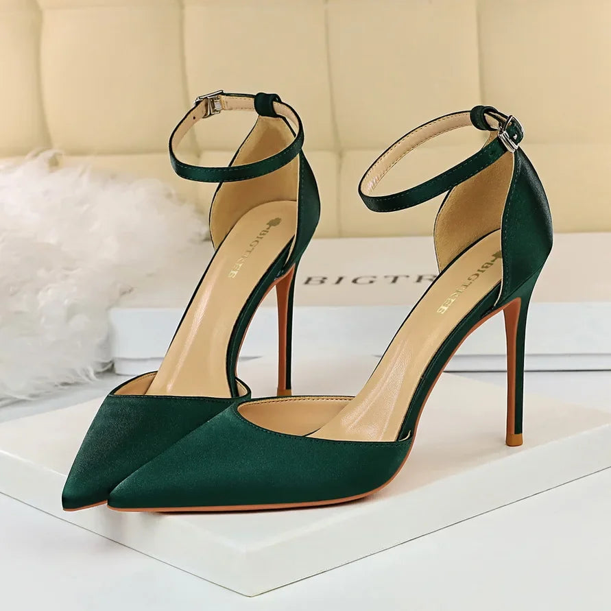 Summer Women 10cm High Heels Sandals Lady Wedding Bridal Scarpins Silk Heels Fetish Pumps Blue Green Pink Strappy Fashion Shoes