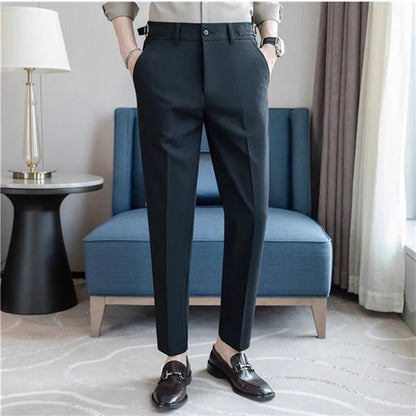 Summer Suit Pants Men Fashion Smart Casual Suit Trousers Slim Fit Wedding Party Formal Dress Mens Solid Color Ankle Length Pants