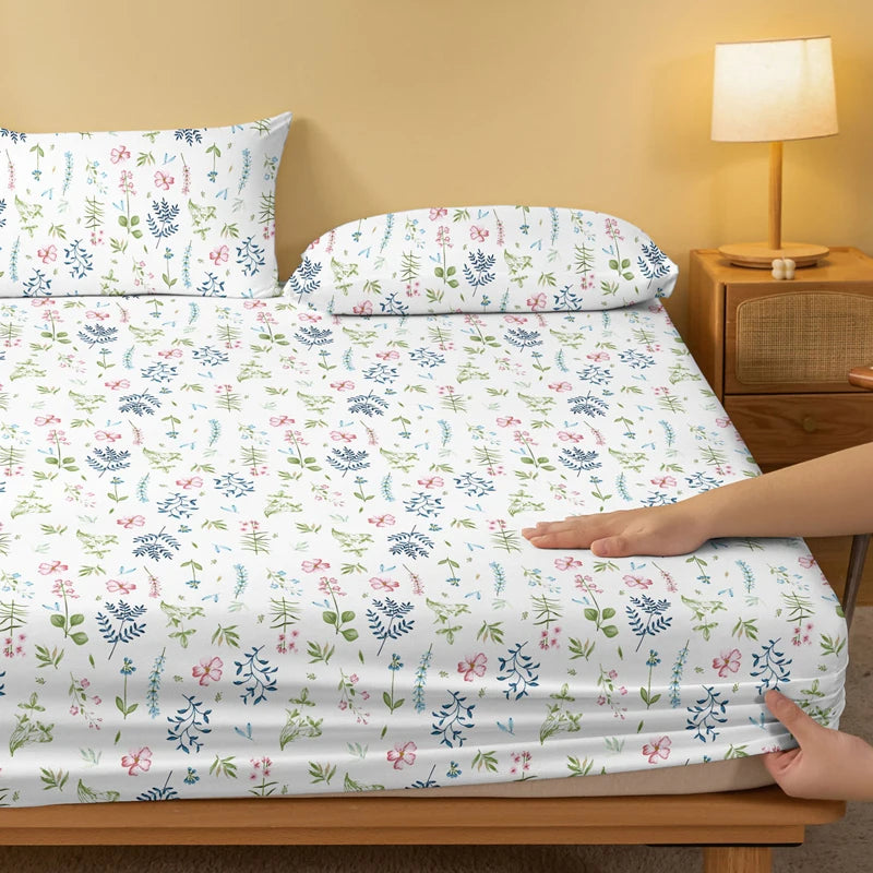 1 Simple modern Plant Flower printed matte Fitted Sheet, bedroom printed bed cover, bedding (excluding pillowcases)