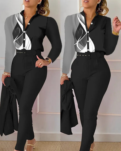 Elegant Women Two Piece Set Suits Fall New Fashion Print Long Sleeve Top Solid Color Pants Set With Belt  Blouses Female Clothes