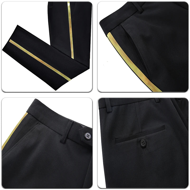 Men's black suit pants Gold leather trim Casual Male Formal Business Office Pants Elastic Straight Formal Trousers Plus big size