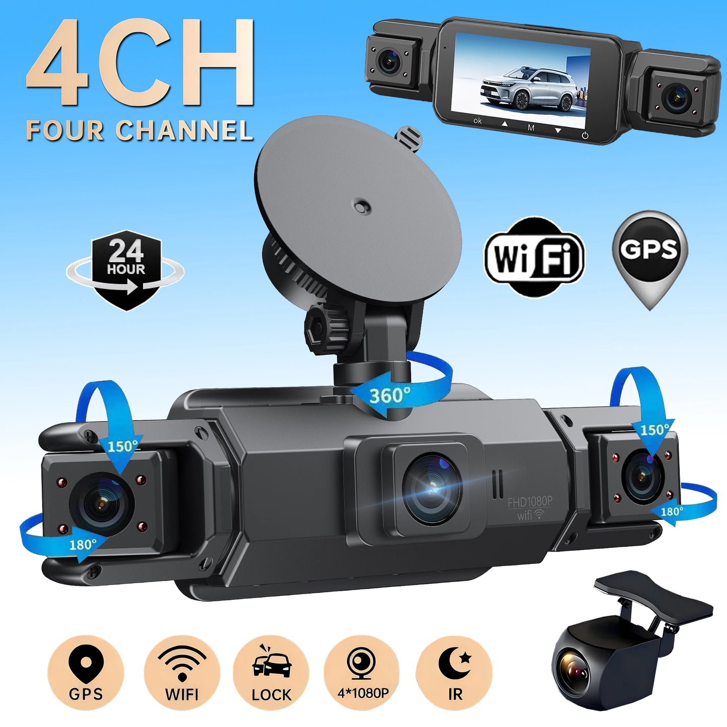 Caméra de tableau de bord de voiture 4CH boîte noire 4*1080P avec GPS WIFI caméra de tableau de bord enregistreur de conduite Vision nocturne moniteur de stationnement accessoires de voiture