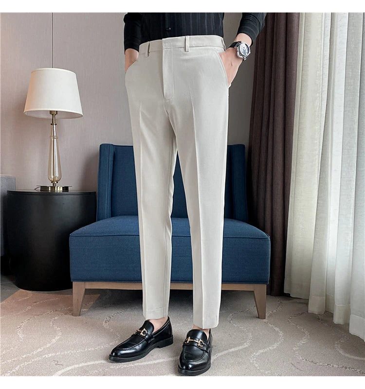 9 Color Summer Fashion Mens Suit Pants Pure Color Business Formal Pants Slim Fit Office Mens Wedding Social Ankle Long Trousers