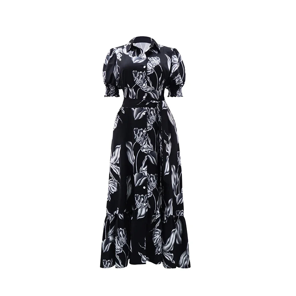 Women Floral Print Long Dress Summer Casual  Turn-down Collar Half Sleeve Loose Big Swing Dress Female Vintage  Beach Maxi Dress