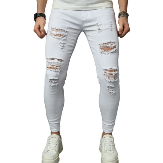 Street HipHop Style Holes White Men Stretch Skinny Jeans Trousers Stylish Ripped Distressed Male Pencil Denim Pants