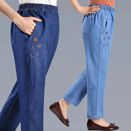 Spring Summer Thin Women's High-waist Jeans Mother Elastic waist Female Casual Trousers Loose Elastic Denim Nine branch Pants