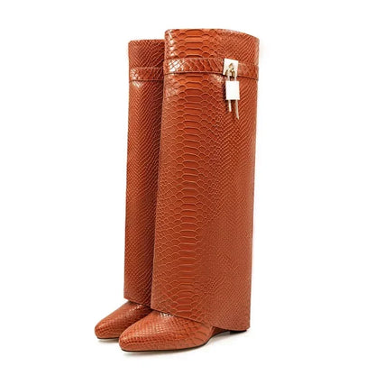 2024 European and American Style Fish Scale Leather Side Zipper Lock Knee High Skirt Boots Women's Fashion Banquet Boots