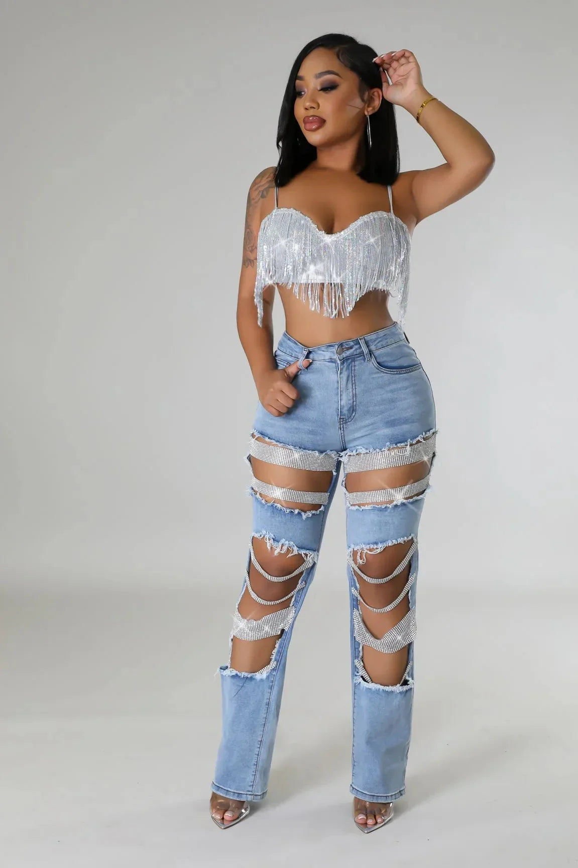 Spice Girl Summer Pants Ripped Heavy Industry Beaded Elastic Jeans Trousers Women JEANS