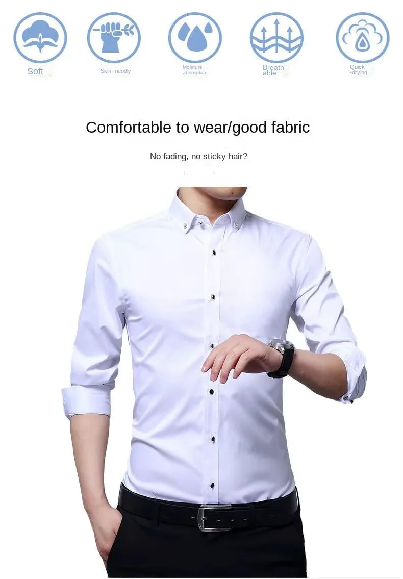 Hot Sale Men's Business Dress Shirt Formal Fashion Thin Classic Basic Diamond Button Long Sleeve Social White Shirt Men Clothing